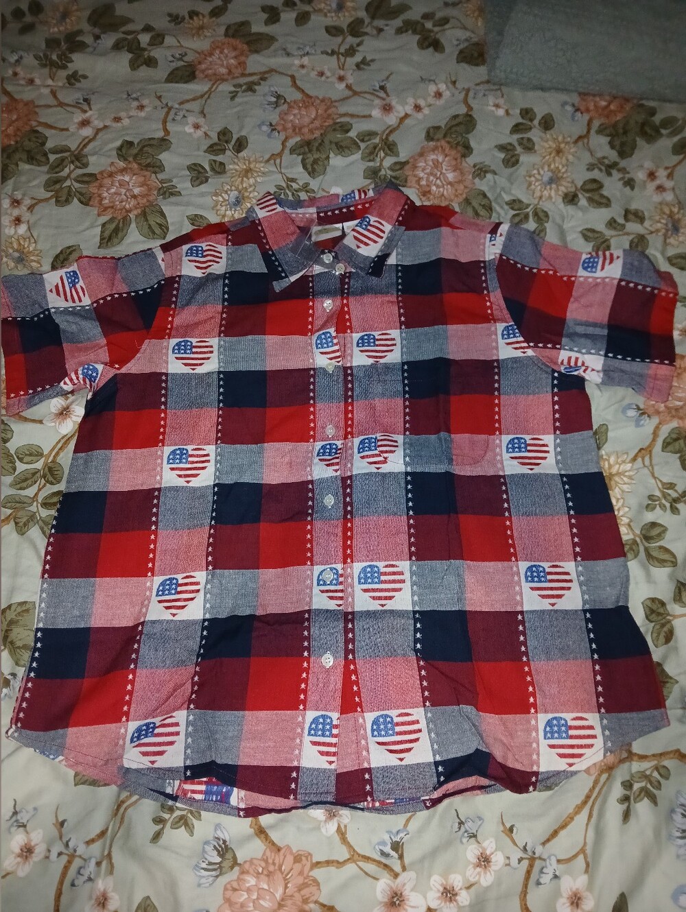 Vintage 90s Patriotic Plaid Heart Button Up Shirt Large